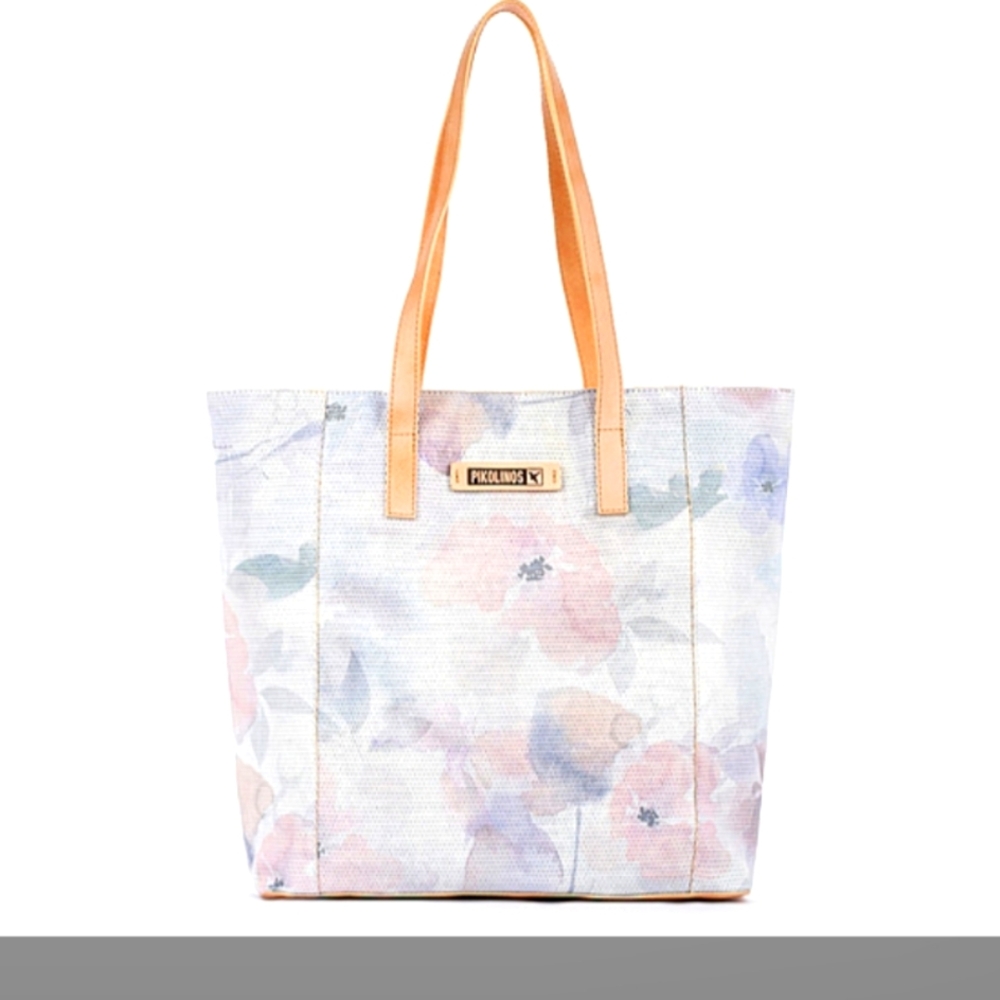 PIKOLINOS Floral Tote Bag with Genuine Leather Tan Straps
